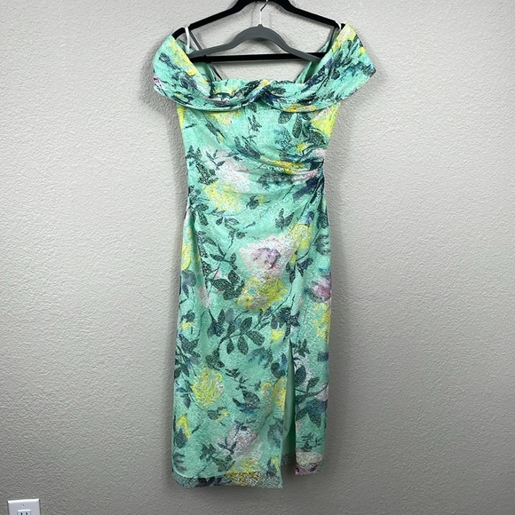 New ML Monique Lhuillier Allie Floral Off Shoulder Lace Midi Cocktail Dress 6 - Picture 3 of 14